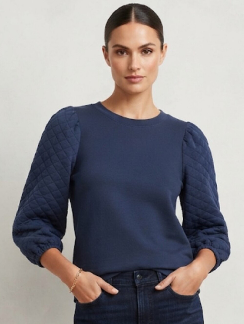 Loft Womens Navy Blue Quilted Puff Sleeve Sweatshirt Crew Neck 762161 Size M